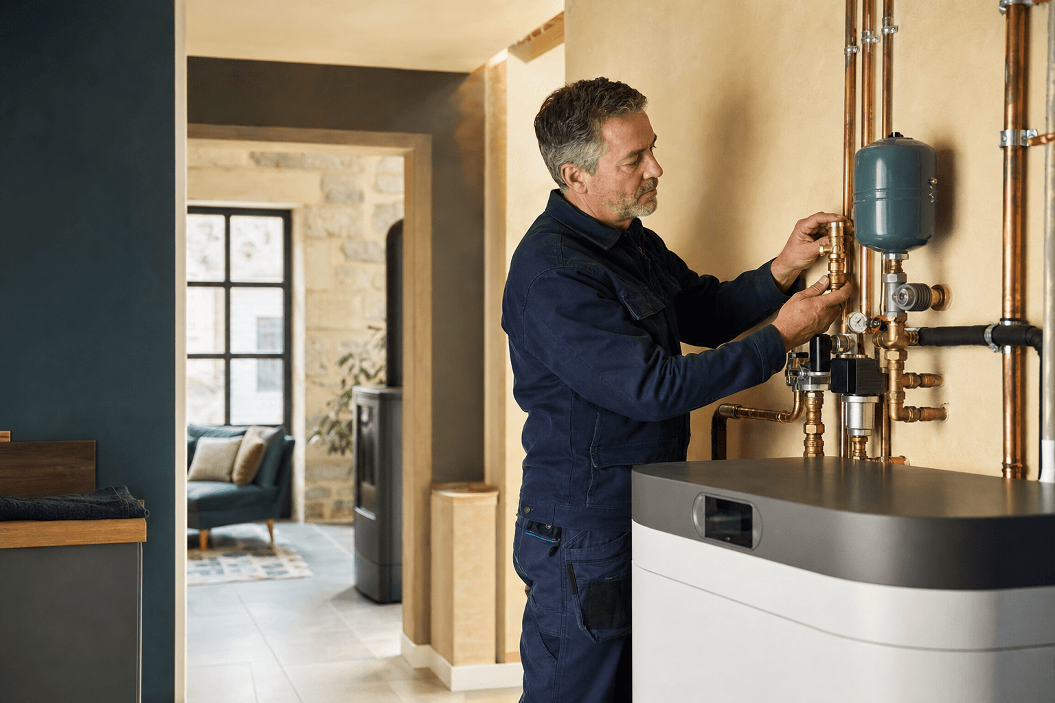 Artisan chauffagiste contrôlant une installation moderne